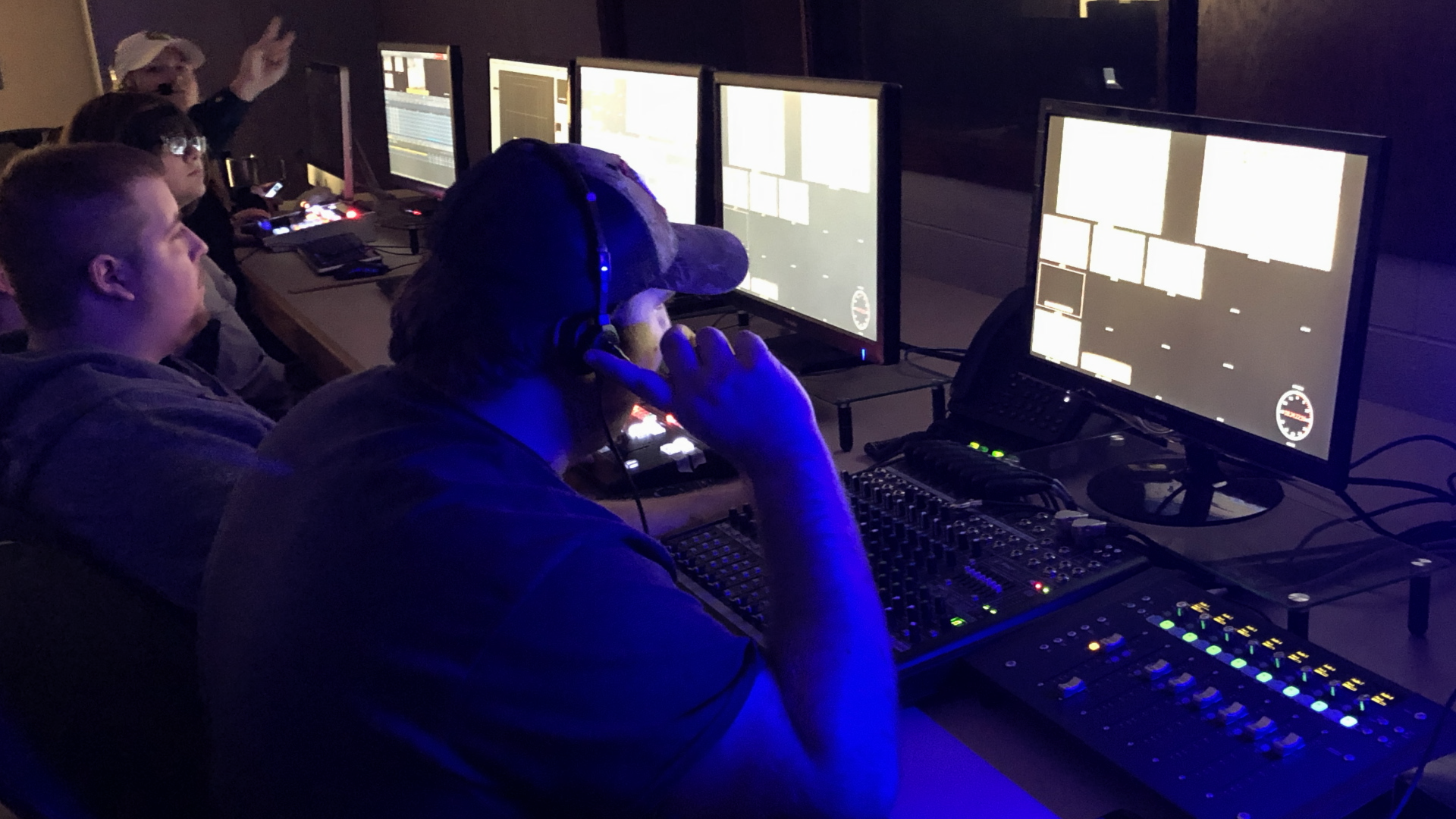 Control room during men's basketball live production